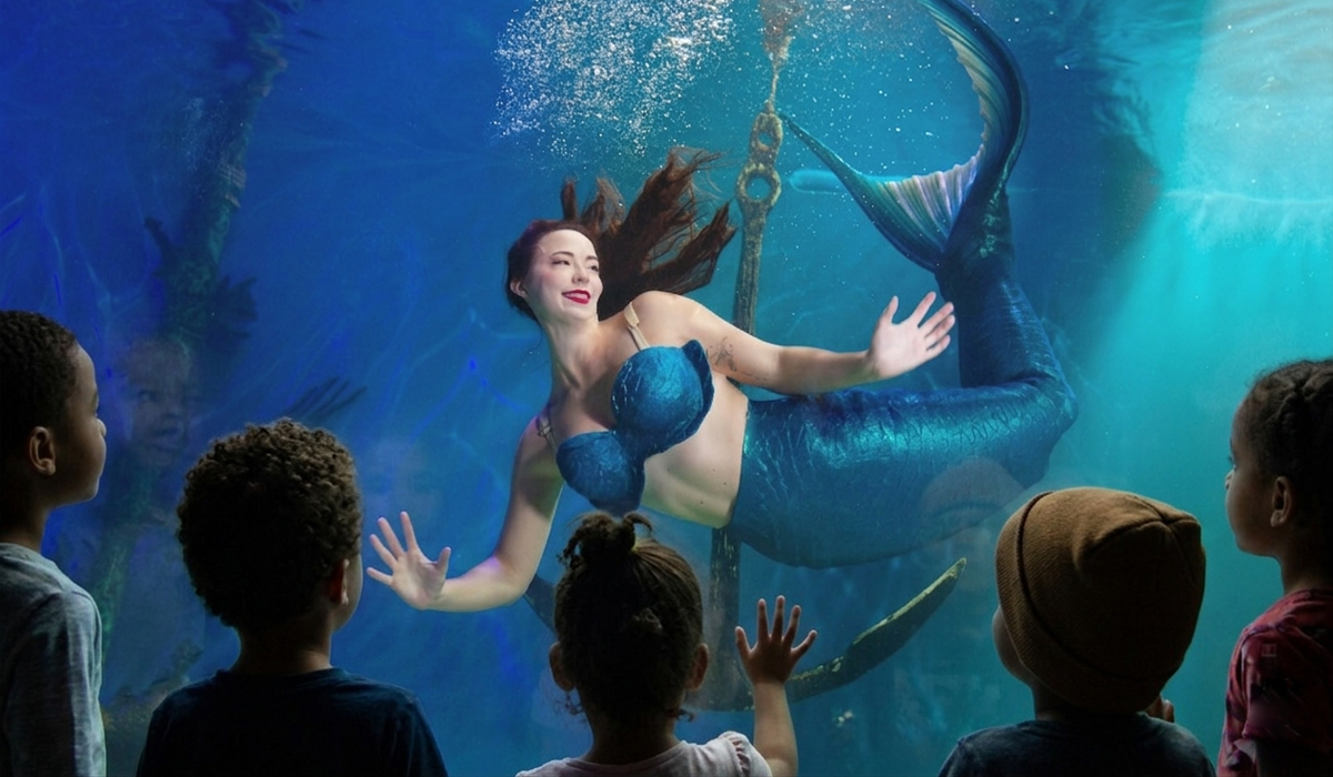 Children watching mermaids at aquarium