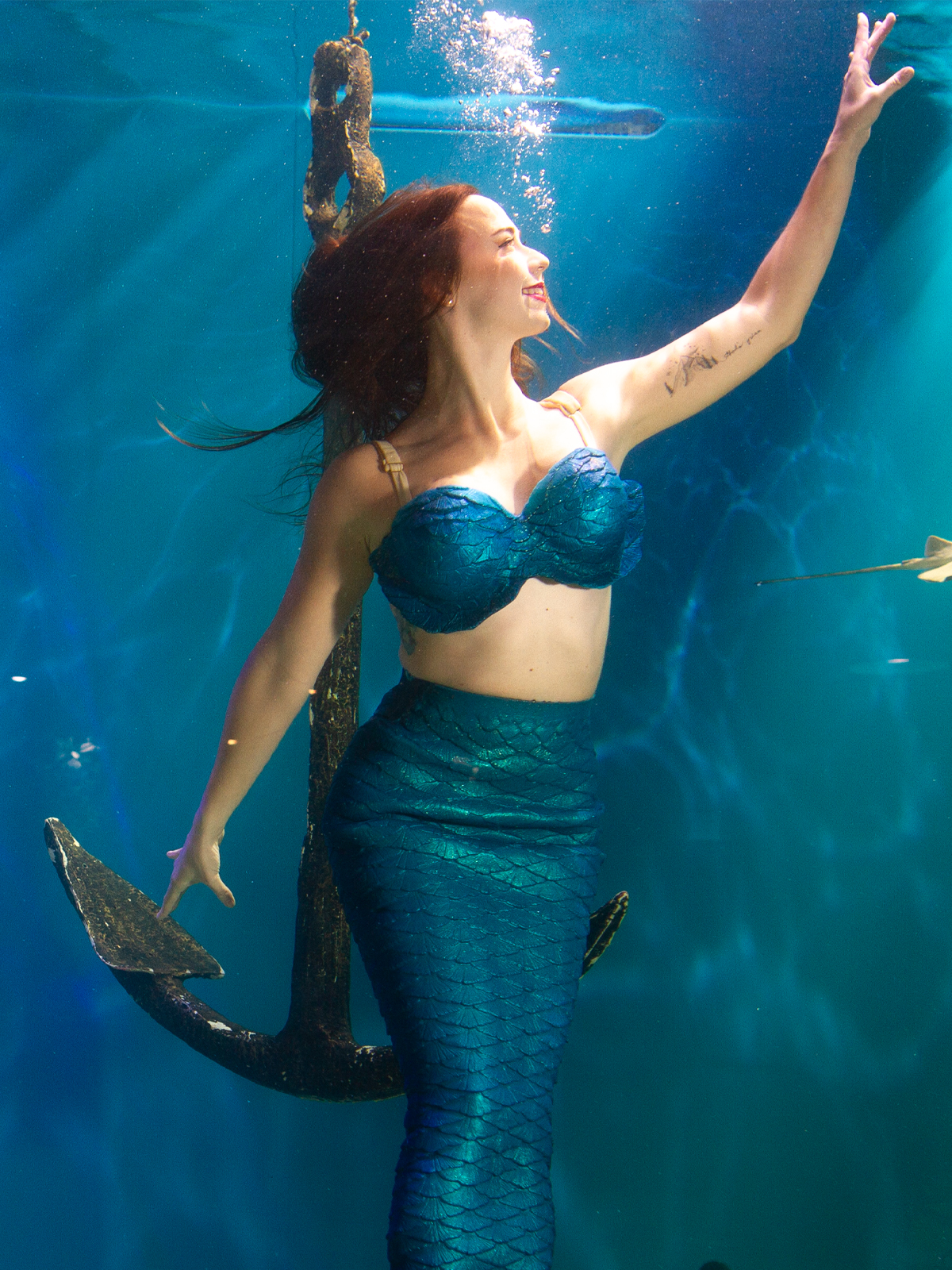 Mertailor mermaid performing graceful underwater choreography inside the aquarium
